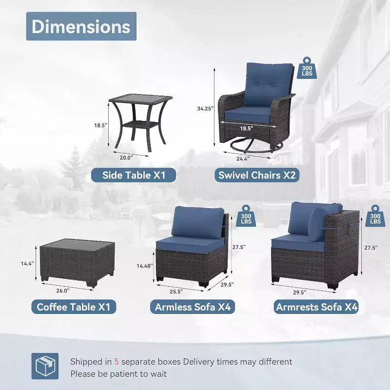ALAULM Ensemble de mobilier de jardin 12 pièces, canapé en rotin et osier, salons de conversation d'extérieur avec fauteuils pivotants à bascule et canapé sectionnel