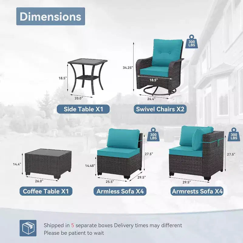 ALAULM Ensemble de mobilier de jardin 12 pièces, canapé en rotin et osier, salons de conversation d'extérieur avec fauteuils pivotants à bascule et canapé sectionnel