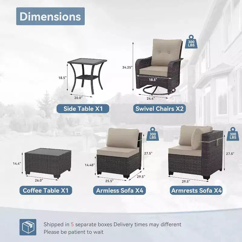 ALAULM Ensemble de mobilier de jardin 12 pièces, canapé en rotin et osier, salons de conversation d'extérieur avec fauteuils pivotants à bascule et canapé sectionnel