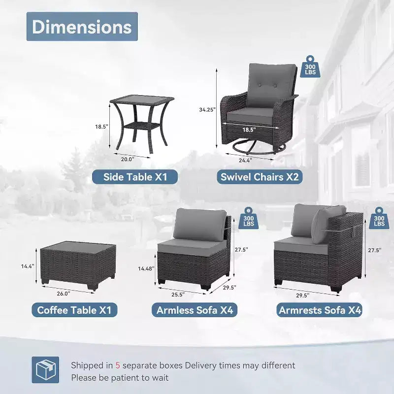 ALAULM Ensemble de mobilier de jardin 12 pièces, canapé en rotin et osier, salons de conversation d'extérieur avec fauteuils pivotants à bascule et canapé sectionnel