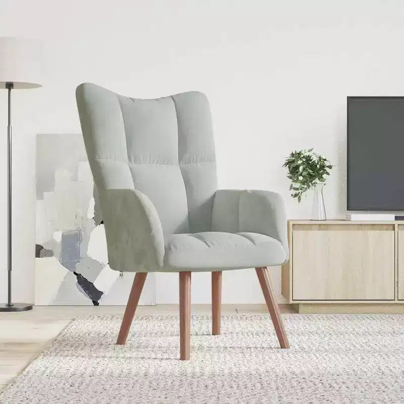 vidaXL Fauteuil moderne en velours gris clair avec pieds en bois, siège en mousse épaisse rembourrée, blocs esthétiques sur le dossier - Gris clair