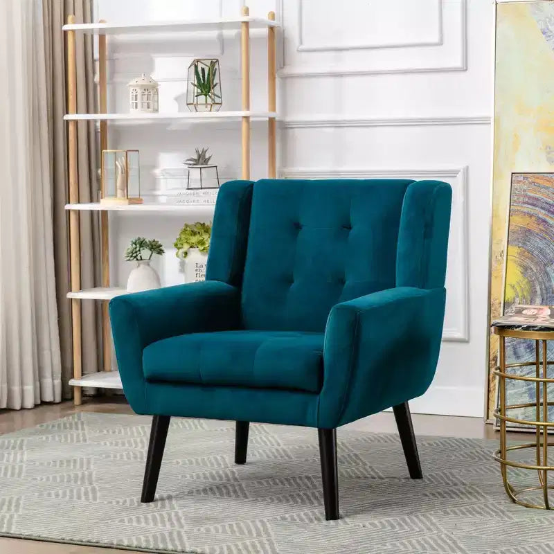Okak Modern Accent Chair Button-Tufted Living Room Chair with Soft Upholstered Armchair with Black Wood Legs Ergonomics for Bedroom