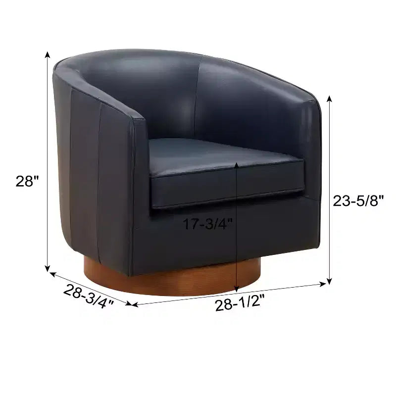 Fauteuil pivotant 360° en cuir pleine fleur Okak Modern avec coussin souple, fauteuil club avec base en bois pour salon, bureau, chambre à coucher