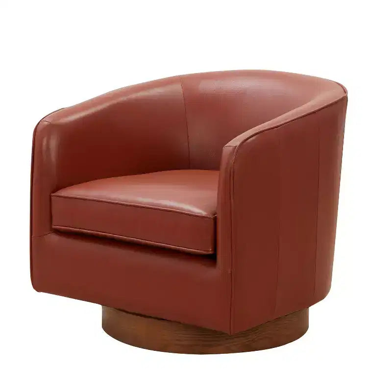Fauteuil pivotant 360° en cuir pleine fleur Okak Modern avec coussin souple, fauteuil club avec base en bois pour salon, bureau, chambre à coucher