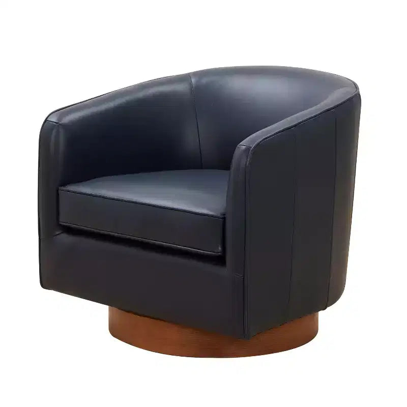 Fauteuil pivotant 360° en cuir pleine fleur Okak Modern avec coussin souple, fauteuil club avec base en bois pour salon, bureau, chambre à coucher