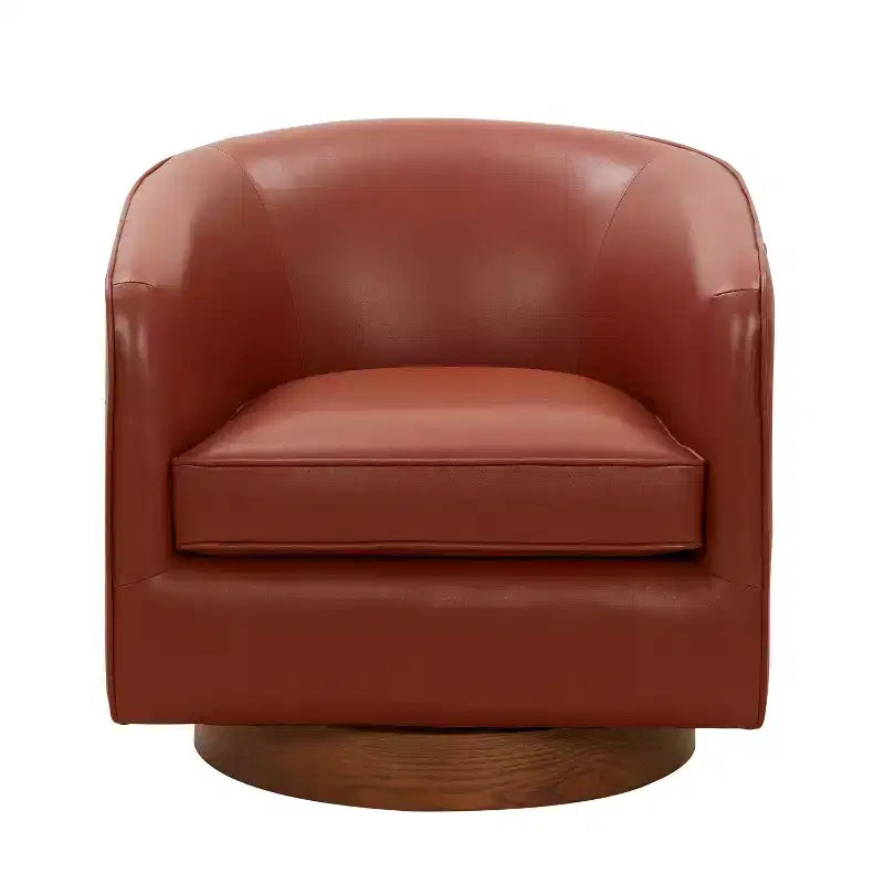 Fauteuil pivotant 360° en cuir pleine fleur Okak Modern avec coussin souple, fauteuil club avec base en bois pour salon, bureau, chambre à coucher