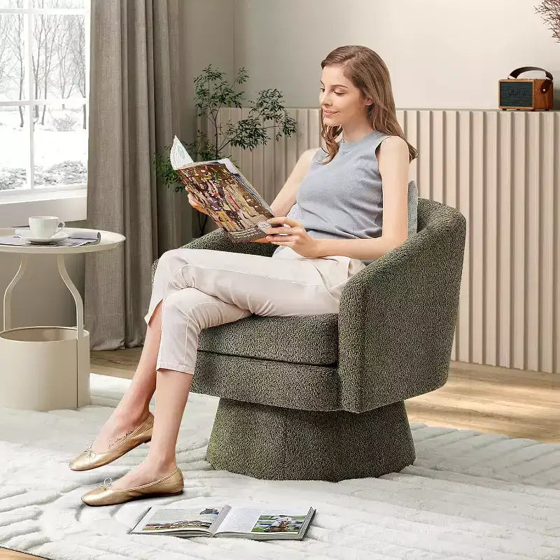 360 Swivel Lounge Chair  Plush Chenille Upholstery, Wooden Base with Ottoman, Adjustable (Beige/Grey/Green/Pink) for Living Room & Bedroom