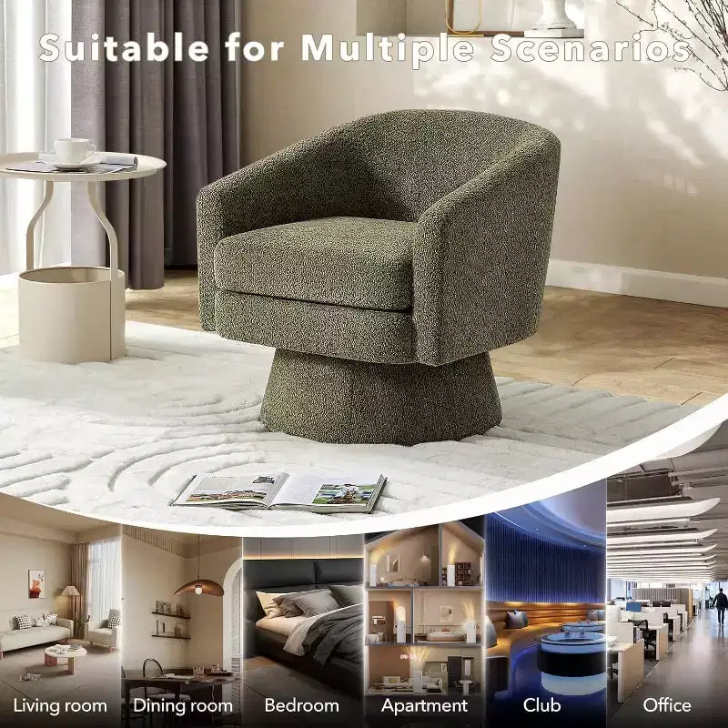 360 Swivel Lounge Chair  Plush Chenille Upholstery, Wooden Base with Ottoman, Adjustable (Beige/Grey/Green/Pink) for Living Room & Bedroom
