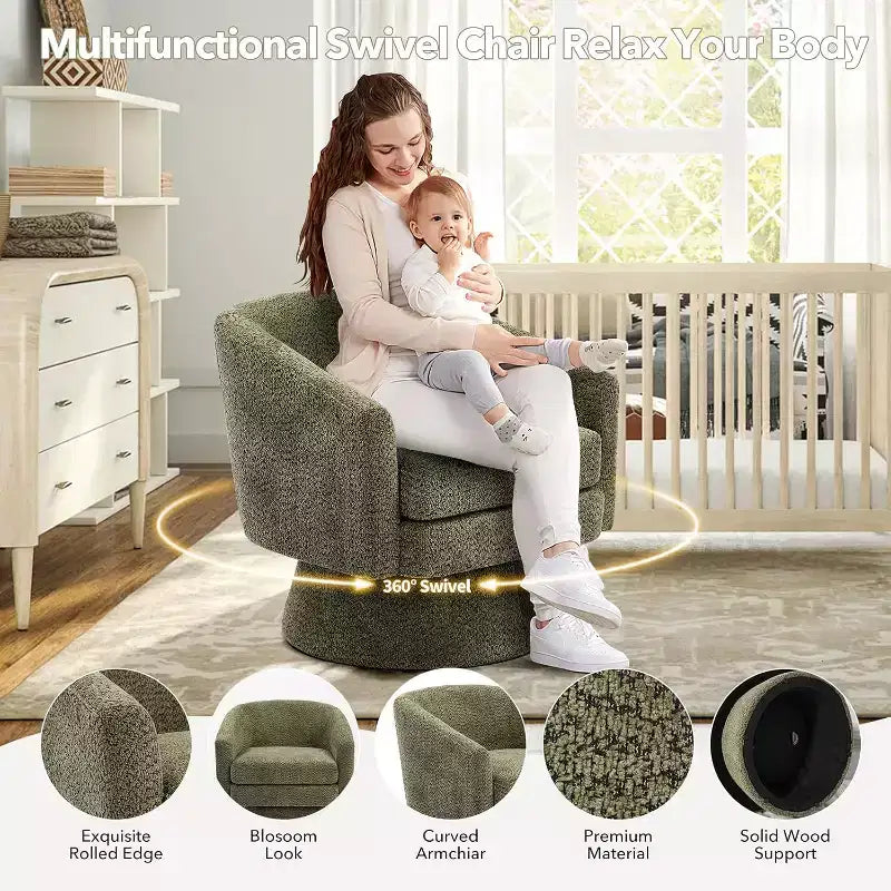 360 Swivel Lounge Chair  Plush Chenille Upholstery, Wooden Base with Ottoman, Adjustable (Beige/Grey/Green/Pink) for Living Room & Bedroom