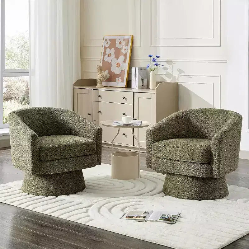 360 Swivel Lounge Chair  Plush Chenille Upholstery, Wooden Base with Ottoman, Adjustable (Beige/Grey/Green/Pink) for Living Room & Bedroom