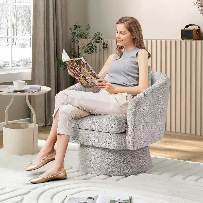 360 Swivel Lounge Chair  Plush Chenille Upholstery, Wooden Base with Ottoman, Adjustable (Beige/Grey/Green/Pink) for Living Room & Bedroom
