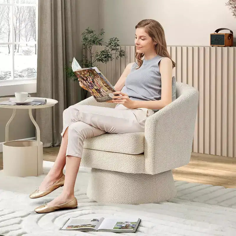 360 Swivel Lounge Chair  Plush Chenille Upholstery, Wooden Base with Ottoman, Adjustable (Beige/Grey/Green/Pink) for Living Room & Bedroom
