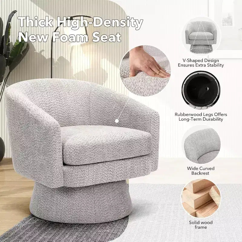 360 Swivel Lounge Chair  Plush Chenille Upholstery, Wooden Base with Ottoman, Adjustable (Beige/Grey/Green/Pink) for Living Room & Bedroom
