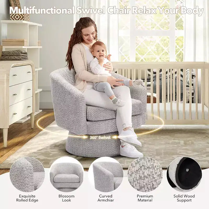 360 Swivel Lounge Chair  Plush Chenille Upholstery, Wooden Base with Ottoman, Adjustable (Beige/Grey/Green/Pink) for Living Room & Bedroom