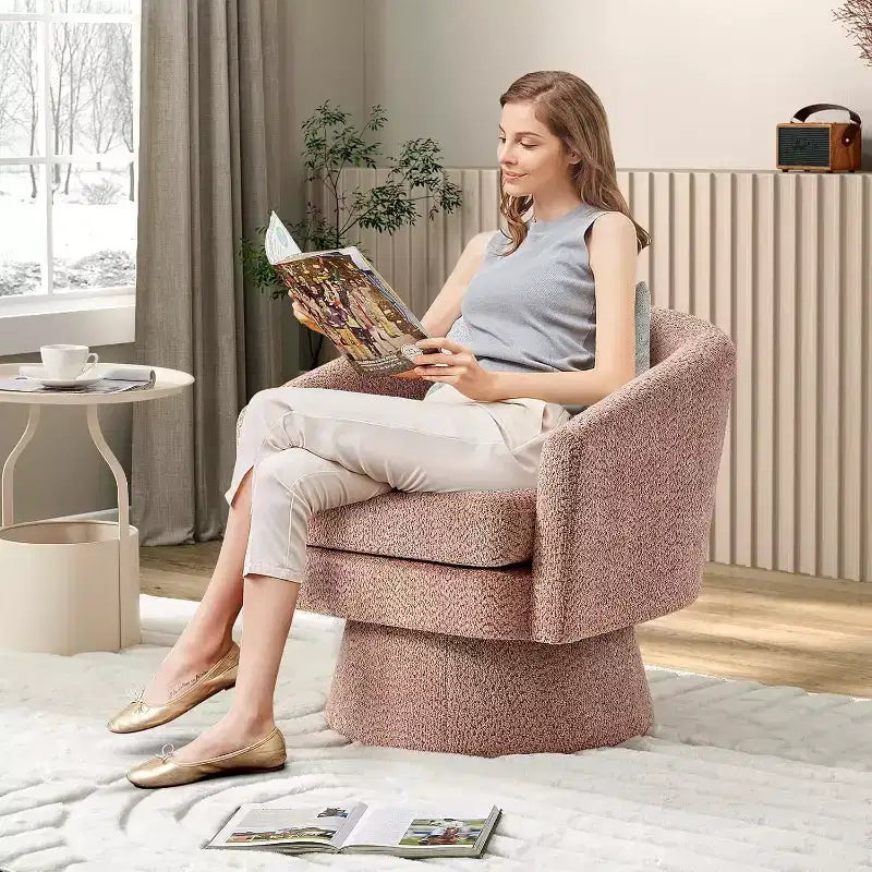 360 Swivel Lounge Chair  Plush Chenille Upholstery, Wooden Base with Ottoman, Adjustable (Beige/Grey/Green/Pink) for Living Room & Bedroom