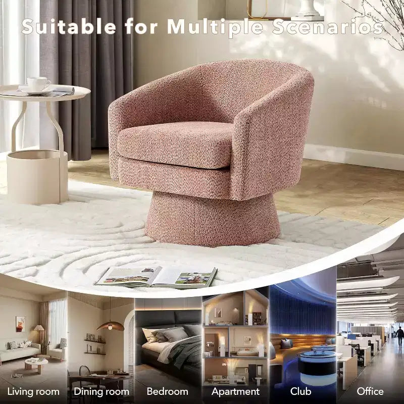 360 Swivel Lounge Chair  Plush Chenille Upholstery, Wooden Base with Ottoman, Adjustable (Beige/Grey/Green/Pink) for Living Room & Bedroom