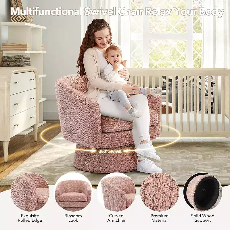 360 Swivel Lounge Chair  Plush Chenille Upholstery, Wooden Base with Ottoman, Adjustable (Beige/Grey/Green/Pink) for Living Room & Bedroom