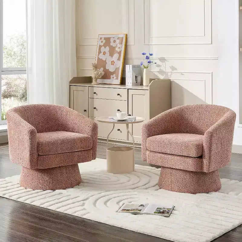 360 Swivel Lounge Chair  Plush Chenille Upholstery, Wooden Base with Ottoman, Adjustable (Beige/Grey/Green/Pink) for Living Room & Bedroom