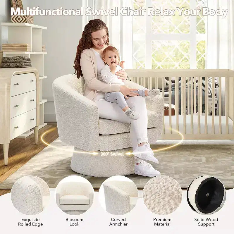 360 Swivel Lounge Chair  Plush Chenille Upholstery, Wooden Base with Ottoman, Adjustable (Beige/Grey/Green/Pink) for Living Room & Bedroom