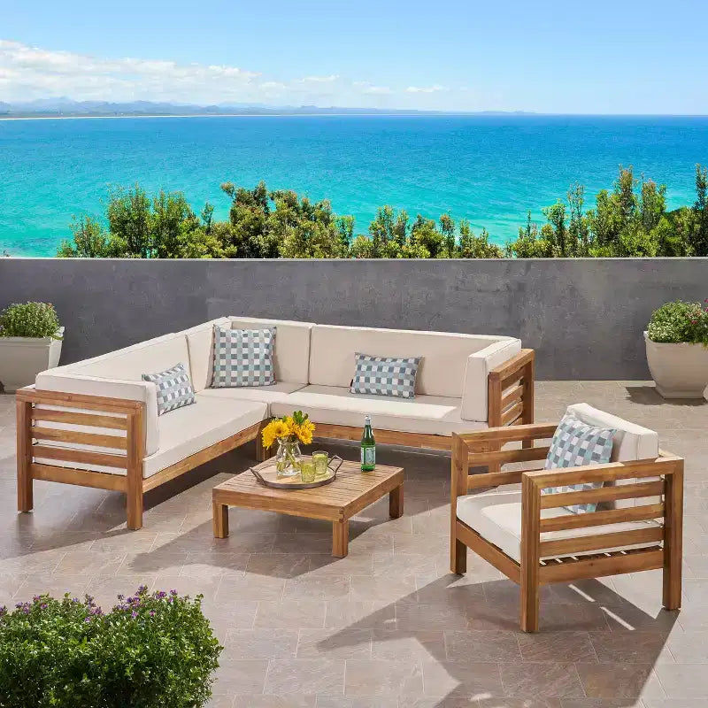 Christopher Knight Home Oana Outdoor Acacia Wood 6 Seater Sectional Sofa Chat Set with Cushions