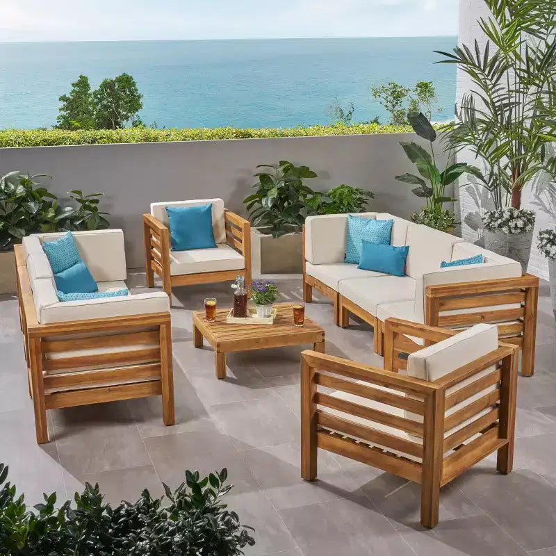 Christopher Knight Home Oana Outdoor Acacia Wood 8 Seater Sofa and Club Chair Set with Cushion