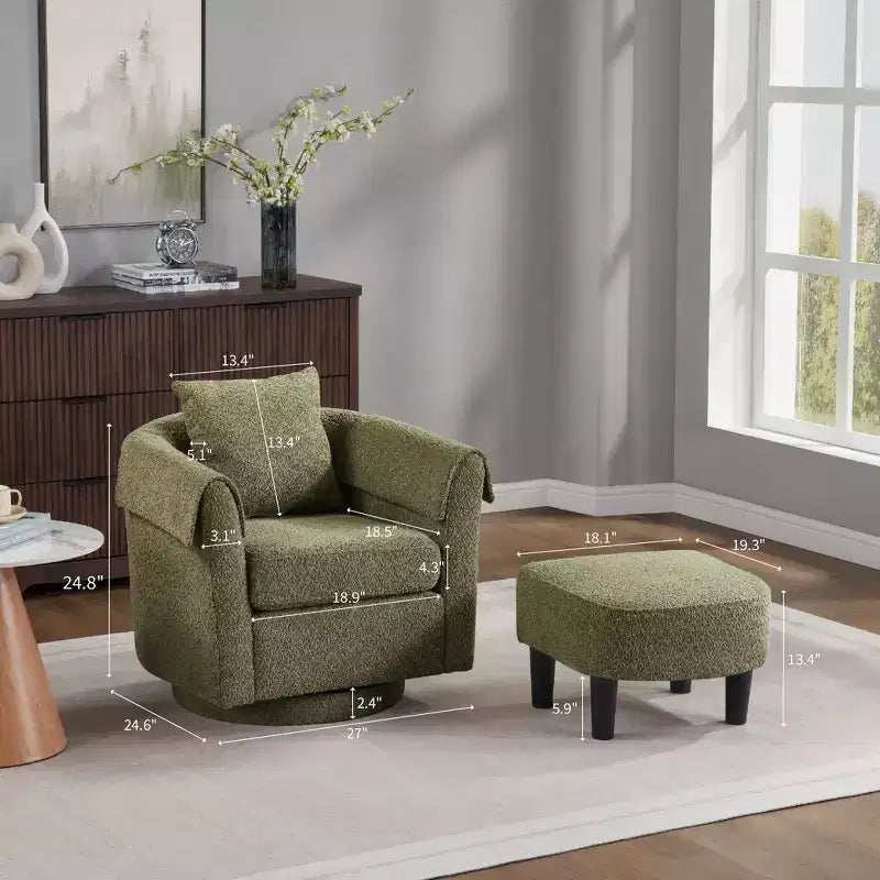 Swivel Accent Chair with Ottoman Set, Modern Chenille Barrel Armchair with Removable Back Pillow and 2 Armrest Covers , Black