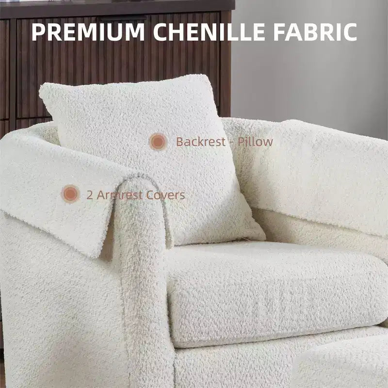 Swivel Accent Chair with Ottoman Set, Modern Chenille Barrel Armchair with Removable Back Pillow and 2 Armrest Covers , Black