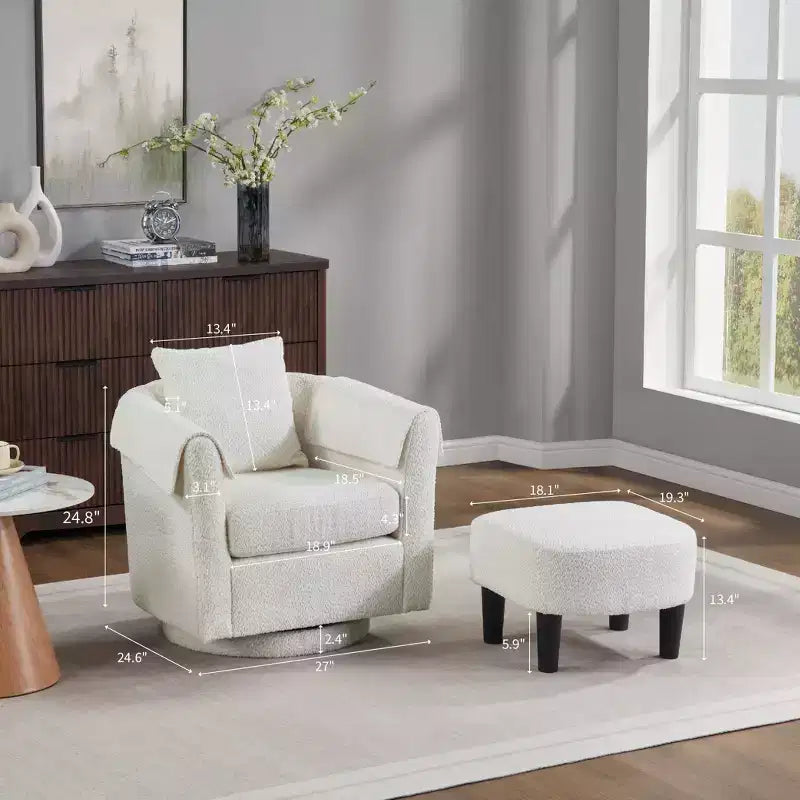 Swivel Accent Chair with Ottoman Set, Modern Chenille Barrel Armchair with Removable Back Pillow and 2 Armrest Covers , Black