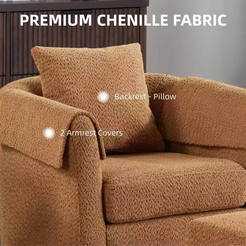 Swivel Accent Chair with Ottoman Set, Modern Chenille Barrel Armchair with Removable Back Pillow and 2 Armrest Covers , Black