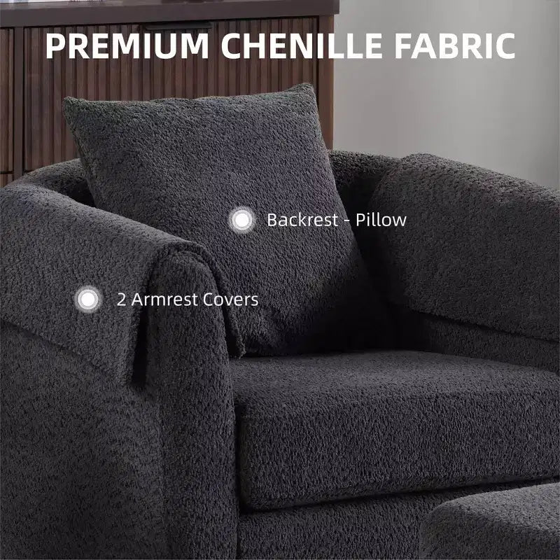 Swivel Accent Chair with Ottoman Set, Modern Chenille Barrel Armchair with Removable Back Pillow and 2 Armrest Covers , Black