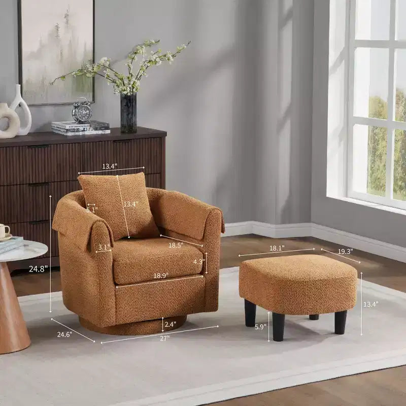Swivel Accent Chair with Ottoman Set, Modern Chenille Barrel Armchair with Removable Back Pillow and 2 Armrest Covers , Black