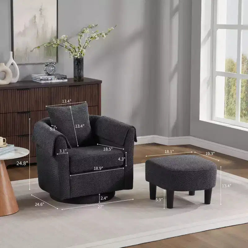 Swivel Accent Chair with Ottoman Set, Modern Chenille Barrel Armchair with Removable Back Pillow and 2 Armrest Covers , Black