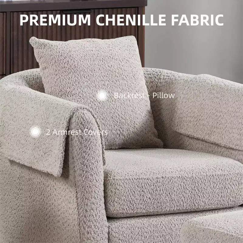 Swivel Accent Chair with Ottoman Set, Modern Chenille Barrel Armchair with Removable Back Pillow and 2 Armrest Covers , Black