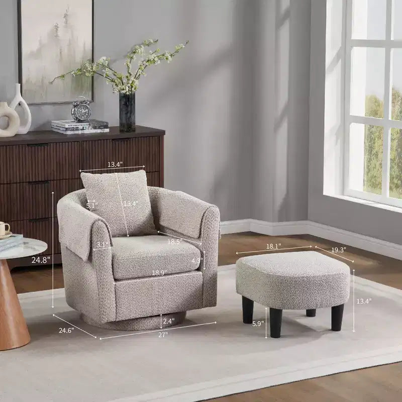 Swivel Accent Chair with Ottoman Set, Modern Chenille Barrel Armchair with Removable Back Pillow and 2 Armrest Covers , Black