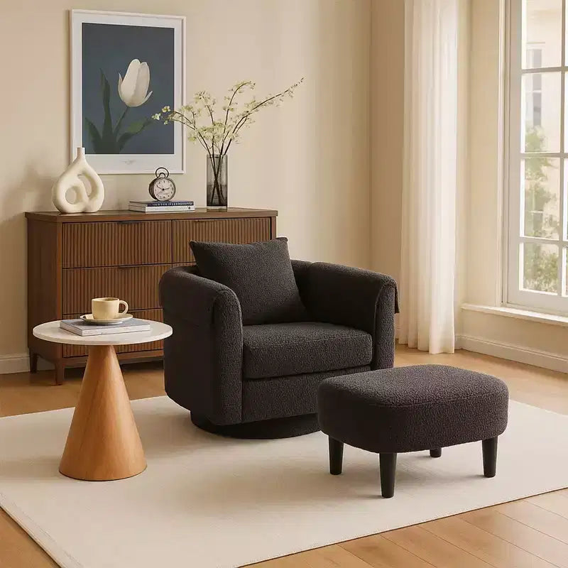 Swivel Accent Chair with Ottoman Set, Modern Chenille Barrel Armchair with Removable Back Pillow and 2 Armrest Covers , Black