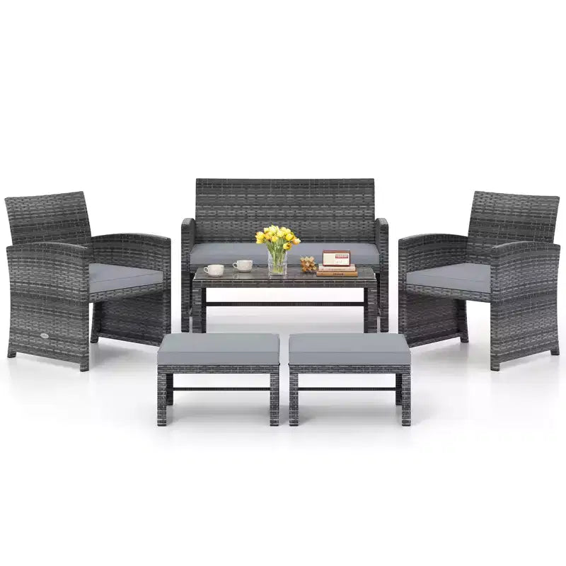 Ensemble de mobilier de patio Costway 6 pièces, salon sectionnel d'extérieur en rotin PE Noir/Gris/Bleu marine/Rouge/Blanc/Turquoise