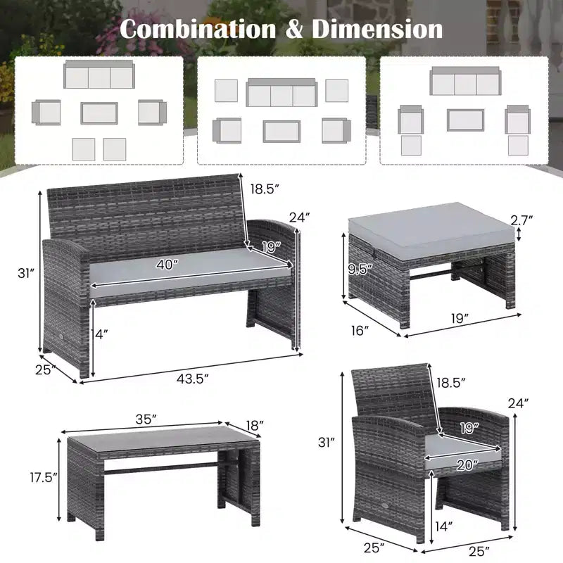 Ensemble de mobilier de patio Costway 6 pièces, salon sectionnel d'extérieur en rotin PE Noir/Gris/Bleu marine/Rouge/Blanc/Turquoise