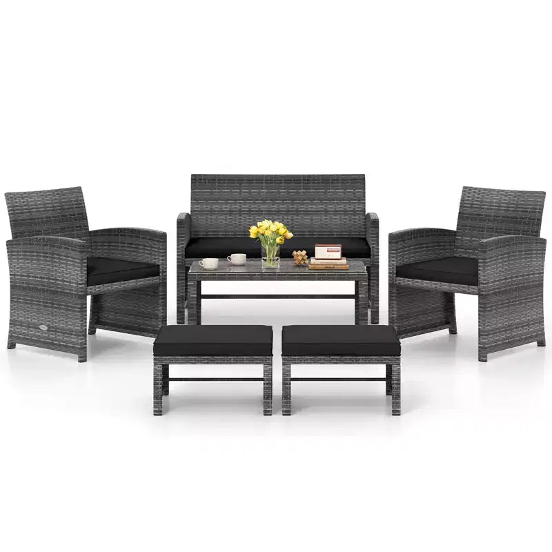 Ensemble de mobilier de patio Costway 6 pièces, salon sectionnel d'extérieur en rotin PE Noir/Gris/Bleu marine/Rouge/Blanc/Turquoise