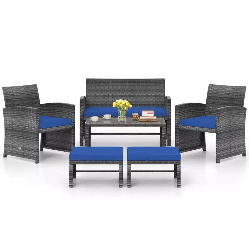 Ensemble de mobilier de patio Costway 6 pièces, salon sectionnel d'extérieur en rotin PE Noir/Gris/Bleu marine/Rouge/Blanc/Turquoise