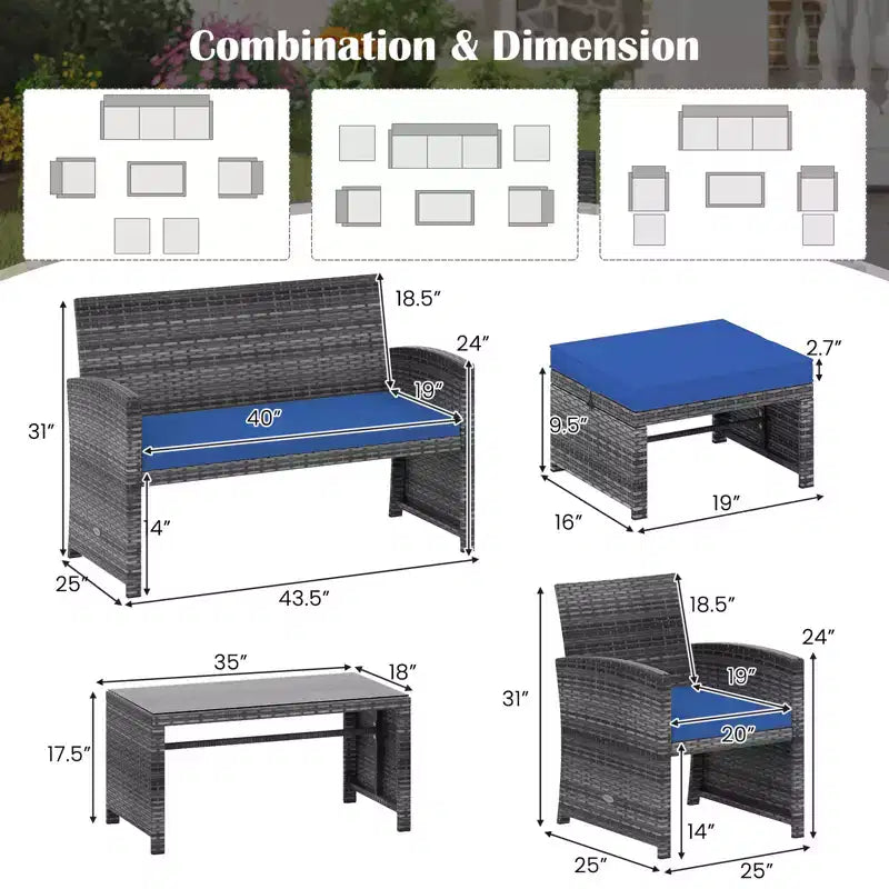 Ensemble de mobilier de patio Costway 6 pièces, salon sectionnel d'extérieur en rotin PE Noir/Gris/Bleu marine/Rouge/Blanc/Turquoise