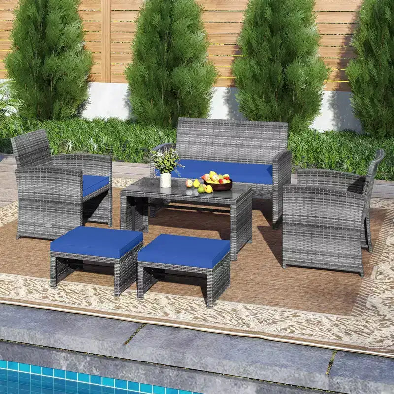 Ensemble de mobilier de patio Costway 6 pièces, salon sectionnel d'extérieur en rotin PE Noir/Gris/Bleu marine/Rouge/Blanc/Turquoise