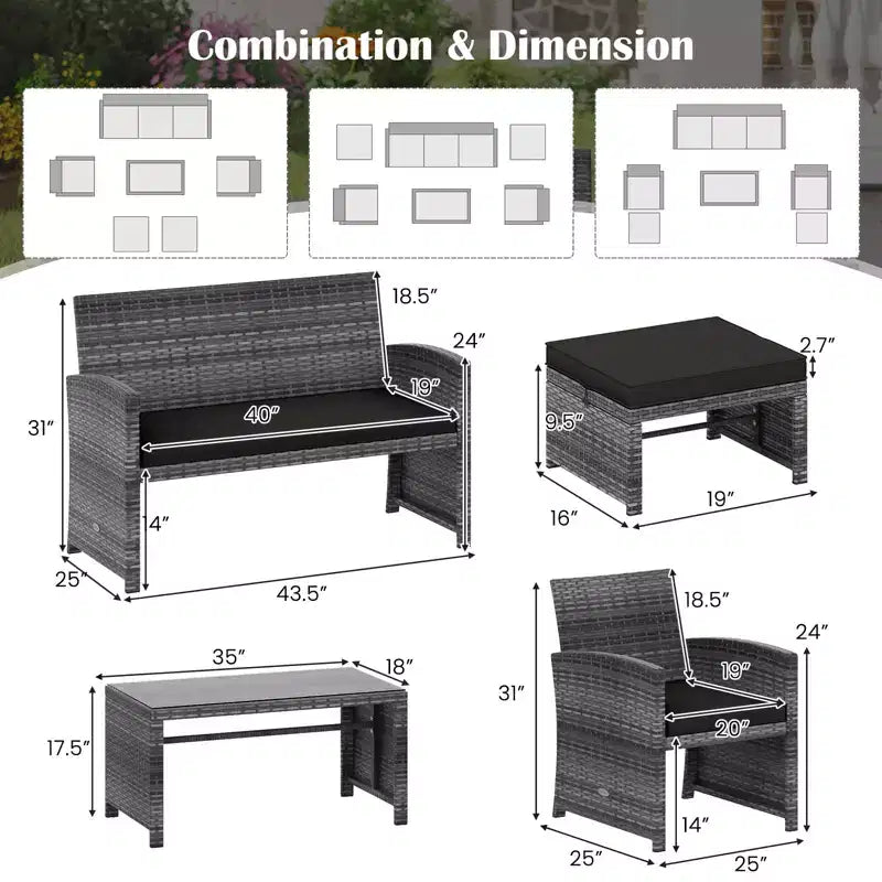Ensemble de mobilier de patio Costway 6 pièces, salon sectionnel d'extérieur en rotin PE Noir/Gris/Bleu marine/Rouge/Blanc/Turquoise