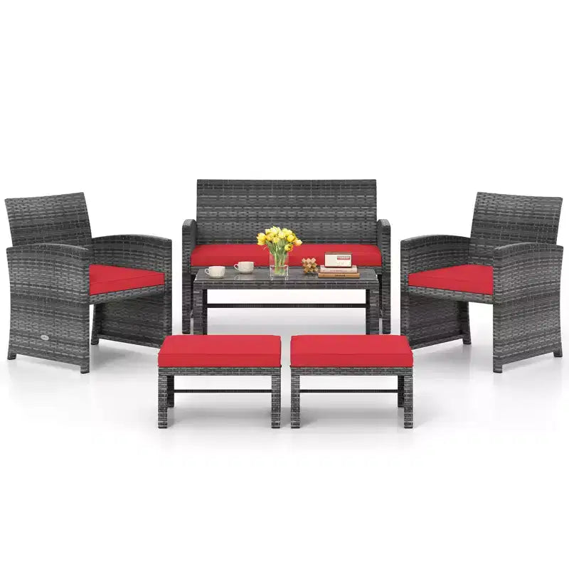 Ensemble de mobilier de patio Costway 6 pièces, salon sectionnel d'extérieur en rotin PE Noir/Gris/Bleu marine/Rouge/Blanc/Turquoise