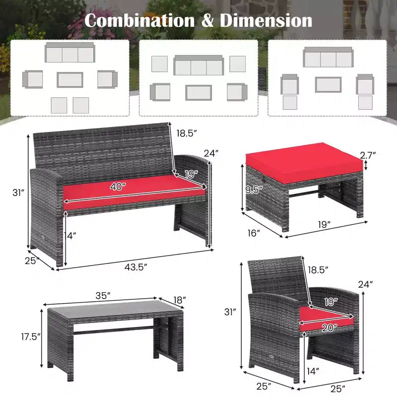 Ensemble de mobilier de patio Costway 6 pièces, salon sectionnel d'extérieur en rotin PE Noir/Gris/Bleu marine/Rouge/Blanc/Turquoise