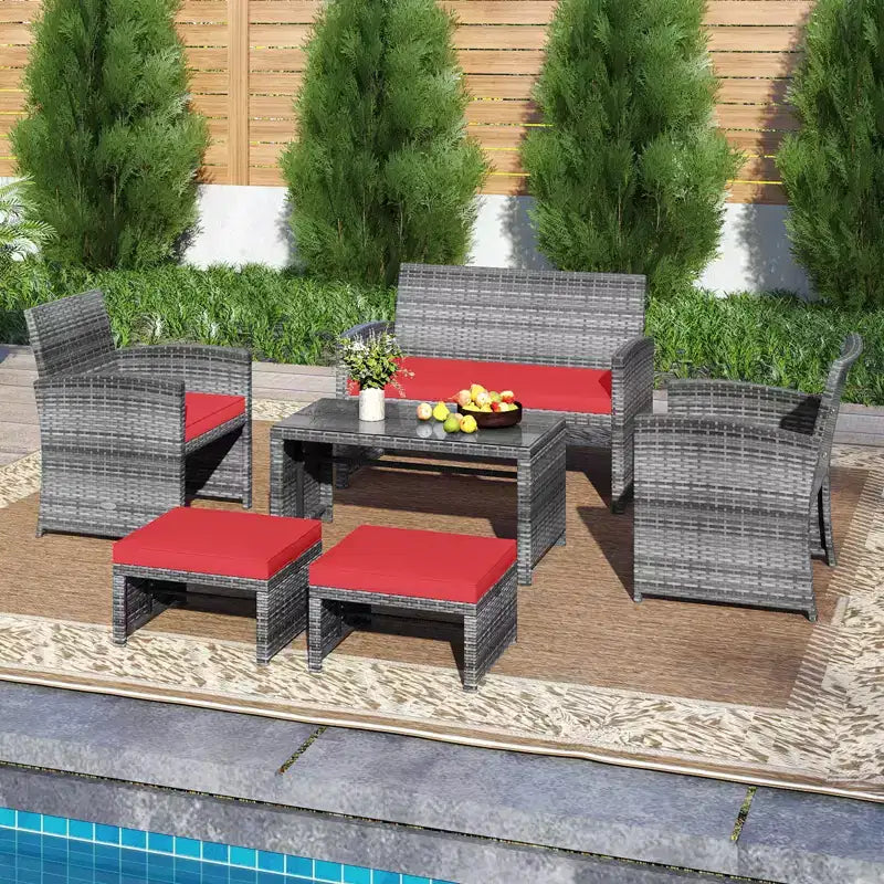 Ensemble de mobilier de patio Costway 6 pièces, salon sectionnel d'extérieur en rotin PE Noir/Gris/Bleu marine/Rouge/Blanc/Turquoise