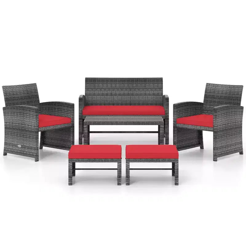 Ensemble de mobilier de patio Costway 6 pièces, salon sectionnel d'extérieur en rotin PE Noir/Gris/Bleu marine/Rouge/Blanc/Turquoise