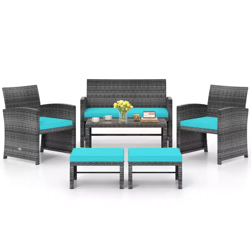 Ensemble de mobilier de patio Costway 6 pièces, salon sectionnel d'extérieur en rotin PE Noir/Gris/Bleu marine/Rouge/Blanc/Turquoise