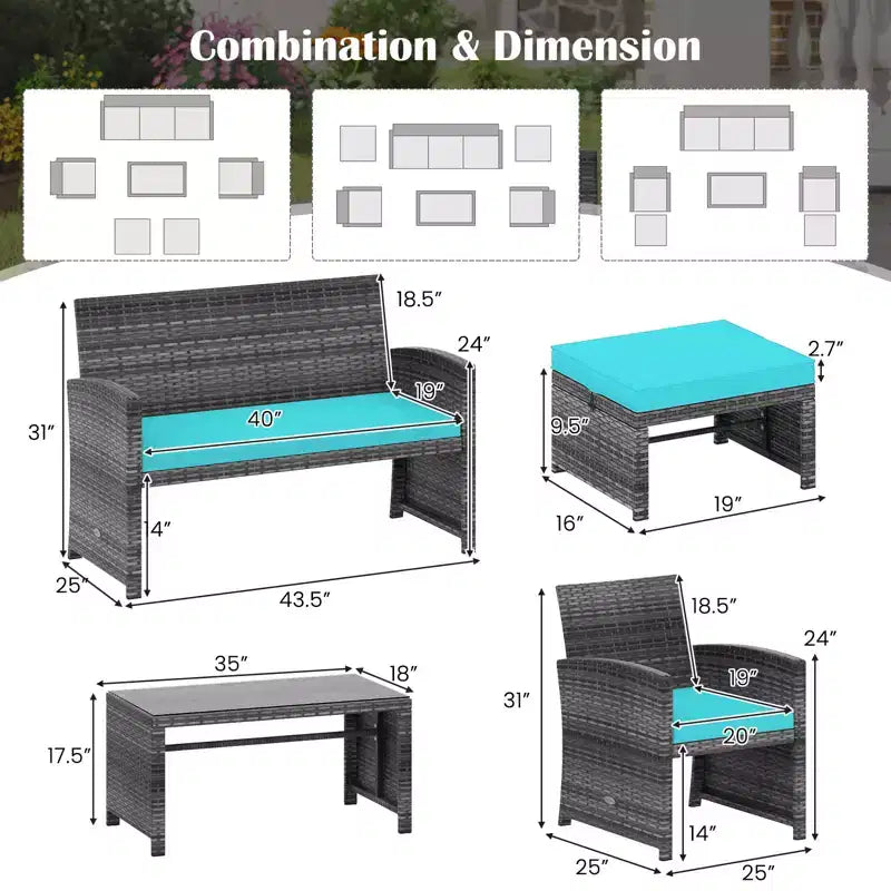 Ensemble de mobilier de patio Costway 6 pièces, salon sectionnel d'extérieur en rotin PE Noir/Gris/Bleu marine/Rouge/Blanc/Turquoise