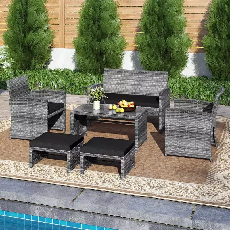 Ensemble de mobilier de patio Costway 6 pièces, salon sectionnel d'extérieur en rotin PE Noir/Gris/Bleu marine/Rouge/Blanc/Turquoise