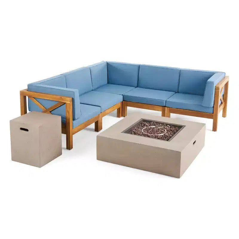 Christopher Knight Home Brava Ensemble de canapé sectionnel d'extérieur 5 places en bois d'acacia avec foyer